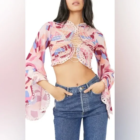 𝓯𝓹 Free People ~ Eyes on You Bell Sleeve Eyelet Mesh Crop Top - Picture 5 of 13